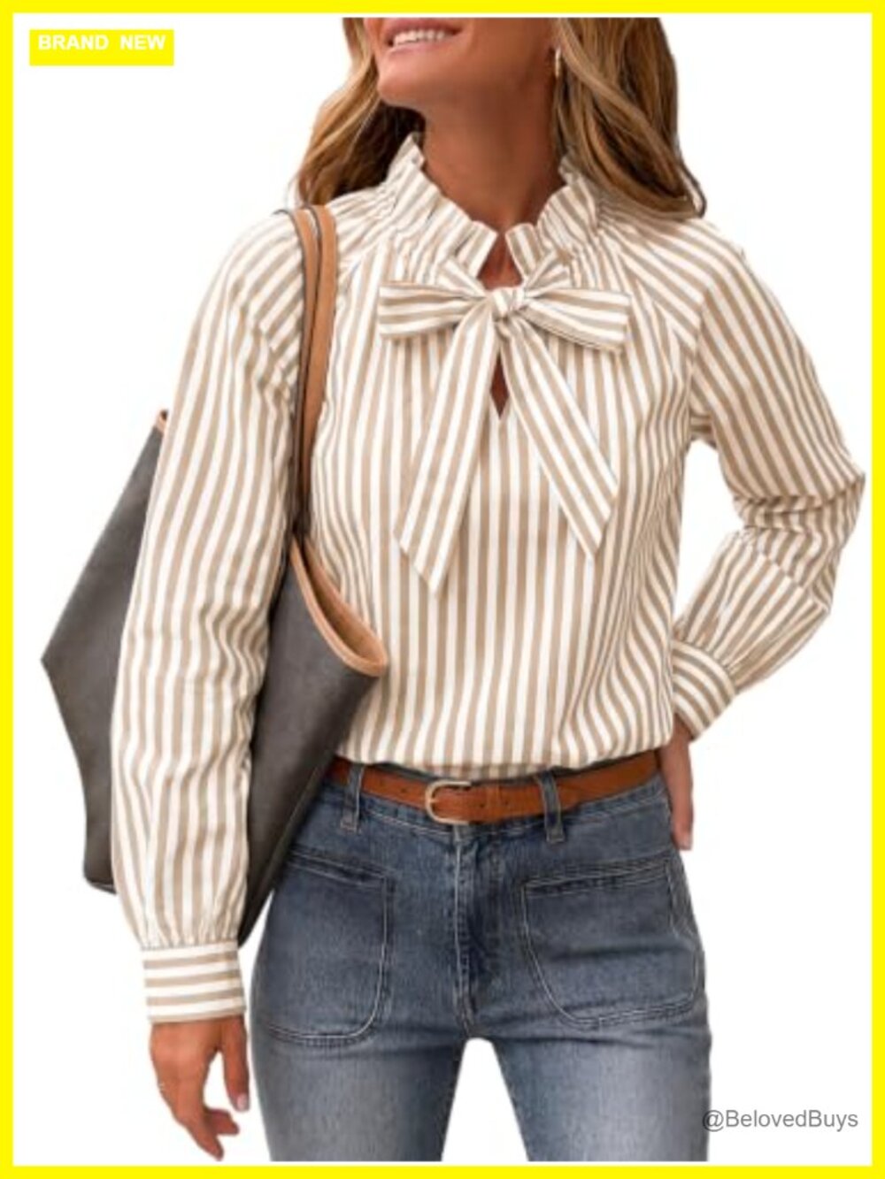 Cotton Striped Bow Tie Blouse Puff Long Sleeve Ruffle Women's Top